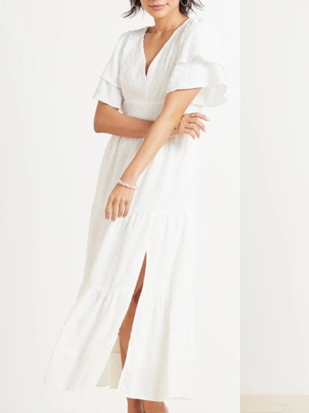Line & Dot Evereve Dress Womens Large White Skylar V Neck Tiered Midi Dress NWT